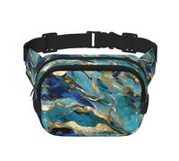 Azurite Teal and Foil Gold Oil Marble Pattern Print Fashion Waist Packs Square Layer Waist Bag Black Belt Bag with Adjustable Strap, Black, One Size