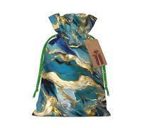 Azurite Teal And Foil Gold Oil Marble Pattern Print Festive Christmas Bag Drawstring Gift Reusable Sack For Holiday Presents Xmas