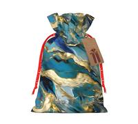 Azurite Teal And Foil Gold Oil Marble Pattern Print Festive Christmas Bag Drawstring Gift Reusable Sack For Holiday Presents Xmas