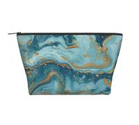 Azurite Teal and Foil Gold Oil Marble Pattern Print Makeup Bag Trapezoid Travel Cosmetic Organiser Stylish Storage for Beauty & Gifts for Women Girls