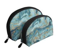Azurite Teal and Foil Gold Oil Marble Pattern Print Shell-Shaped 2-Piece Makeup Bag Set Travel Cosmetic Organiser Stylish Storage for Beauty & Gifts for Women Girls