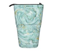 Azurite Teal And Foil Gold Oil Marble Pattern Print Standing Pencil Case Telescopic Pencil Bag Pop Up Pencil Pouch Pen Pouch Makeup Cosmetics Bag