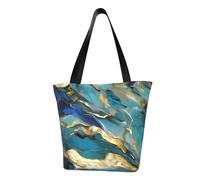 Azurite Teal and Foil Gold Oil Marble Pattern Print Summer Shoulder Bag Travel Tote Beach Outings Daily Commutes Women Men Accessory