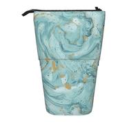 Azurite Teal and Foil Gold Oil Marble Pattern Print Telescopic Pencil Case Adjustable Lightweight Office Stationery Organizer Pouch