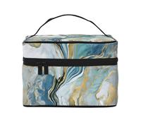 Azurite Teal and Foil Gold Oil Marble Pattern -Print Waterproof Cosmetic Bag for Travel & Gym - Large Makeup Organizer Compartments, Premium Twill Fabric, Leak-Proof Design