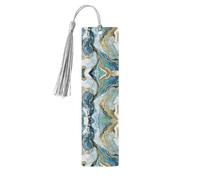 Azurite Teal and Foil Gold Oil Marble Pattern -Print Wooden Bookmarks with Tassel for Readers and Book Lovers - Artistic Handmade Gifts for Teachers Colleagues Office Desk Decor.
