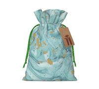 (Azurite Teal and Foil Gold Oil Marble Pattern) Printed Christmas S Size Gift Bags with Green Ribbon Drawstring Candy Bags for Kids Xmas Holiday Christmas Eve Presents