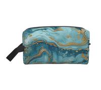 Azurite Teal and Foil Gold Oil Marble Pattern Printed Cosmetic Case with Handle, Lightweight Compact Storage for Makeup, Toiletries & Gadgets, Make up Organiser for Travel, School, Work
