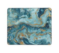 Azurite Teal and Foil Gold Oil Marble Pattern Printed Gaming Mouse Pad 9.5x7.9 Inches, Non-Slip Rubber Base Laptop Mousepad Desk Mat with Stitched Edges for Gamer, Office, Home