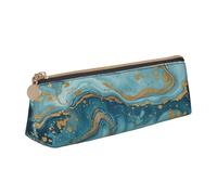 Azurite Teal and Foil Gold Oil Marble Pattern Printed Leather Pencil Case Triangle Pen Pencil Pouch Office Large Pencil Bag Stationery Box for Men Women Teens Students