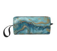 Azurite Teal and Foil Gold Oil Marble Pattern Printed Makeup Bag with Handle, Lightweight Portable Cosmetic Organiser for Travel, Gym & Daily Use â€“ Gift for Women Girls