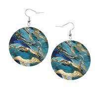 Azurite Teal And Foil Gold Oil Marble Pattern Printed Piercing Earrings Set For Women, 1 Pair Trendy Faux Leather Earrings Birthday Xmas Jewelry Gifts For Women