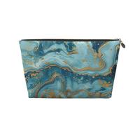 Azurite Teal and Foil Gold Oil Marble Pattern Printed Travel Cosmetic Bags with Gold Zipper Makeup Organizer Cosmetic Case Toiletry Bag for Women Mom Girls