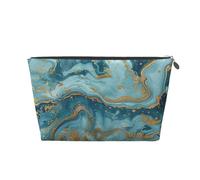 Azurite Teal and Foil Gold Oil Marble Pattern Printed Travel Cosmetic Bags with Silver Zipper Makeup Organizer Cosmetic Case Toiletry Bag for Women Mom Girls