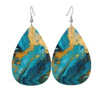 Azurite Teal and Foil Gold Oil Marble Pattern Prints Leather Teardrop earrings Pendant Stylish and light Lightweight Dangle for Women Girls, One Size, Leather, No Gemstone