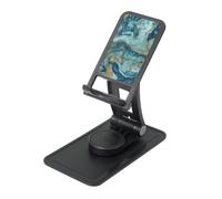 Azurite Teal and Foil Gold Oil Marble Pattern Prints Rotating Cell Phone Stand with 360° Swivel Base - Foldable Square Desk Phone Holder for iPhone 16 15 14 13 12 11,All Phones,Black