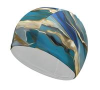 Azurite Teal and Foil Gold Oil Marble Pattern Swim Cap for Adult, Elastic Fabric Swimming Cap, Comfortable Bathing Cap for Long & Short Hair