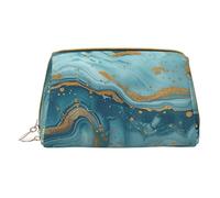 Azurite Teal and Foil Gold Oil Marble Printed Small Makeup Bag Portable Leather Make up Bag Travel Zipper Cosmetic Bags Organizer for Women