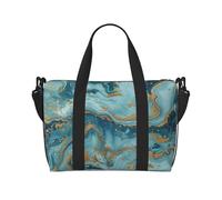 Azurite Teal and Foil Gold Oil Marble Printed Travel Bag Duffle Bag for Men Women, Large Water Resistant Gym Bag Weekend Holdall Bag with Shoulder Strap