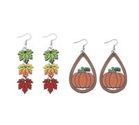 Azusa Sun 2 Pairs Thanksgiving Fall Dangle Earrings Pumpkin Maple Leaf Wooden Earrings Holiday Autumn Jewelry Gifts for Women, One Size, Wood, No Gemstone