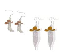 Azusa Sun 2 Pairs Western Cowgirl Cowboy Hat Boots Earrings Set Shiny Rhinestone Tassels Enamel Dangle Earrings Country Concerts Rodeo Cowboy Jewelry Gift for Women, Zinc, No Gemstone