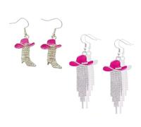 Azusa Sun 2 Pairs Western Cowgirl Cowboy Hat Boots Earrings Set Shiny Rhinestone Tassels Enamel Dangle Earrings Country Concerts Rodeo Cowboy Jewelry Gift for Women, Zinc, No Gemstone