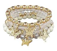Azusa Sun 4 Pcs Cute Butterfly Charm Bracelets Set Gold Beaded Stackable Stretch Bracelets Bohemian Summer Jewelry Gifts for Women, One Size, Crystal, no gemstone