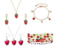 Azusa Sun Strawberry Jewelry Set for Women Cute Strawberry Earrings Necklace Bracelet Dainty Fruit Charm Accessories for Birthday Party, One Size, Zinc, No Gemstone
