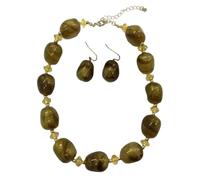 Azusa Sun Vintage Swirl Irregular Resin Bead Necklace and Earring Set | Marble Texture Beads, Adjustable Length Chain, Bohemian Style, Brown & Blue Options, Alloy Construction