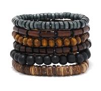 Azusa Sun Wood Beaded Bracelet Set for Women Men Handmade Multilayer Stackable Stretch Bracelets Vintage Bohemian Ethnic Jewelry for Party Holiday