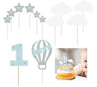 AZWOOD Happy 1st Birthday Cake Topper Blue, 12pcs First Happy Birthday Cake Decorations Baby Shower with Glitter Balloon Star Cloud, One Year Old Cake Topper Decorations for Kids Boys