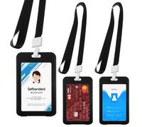 AZWOOD ID Card Holder with Double-Sided Windows, Set of 3 Vertical Hard Plastic ID Card Holder with Lanyards for Office, School, ID, Credit Cards, Proximity Keys, Driving Licenses (Black)