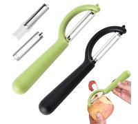 AZWOOD Universal Vegetable Peeler Set 2 Pack with 2 Replacement Blades, P-Shaped Stainless Steel Fruit and Vegetable Peelers in Black & Green, Non-Slip Handles, Sharp Blades for Kitchen Use