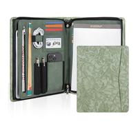 AZXCG Leather Portfolio with Zipper, Embossed PU Leather Padfolio Folio, Professional Business Document Organizer with A4 Letter Sized Writing Pad Holder, Handmade Gifts for Women/Men(Green)