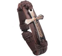 AZYOUNG Men’s Black Brown Leather Rope Bracelet Cross Pendant Adjustable Easy Hook Wristbands (Brown)