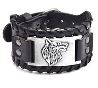 AZYOUNG Men's Black Brown PU Leather Cuff Bracelet Alloy Wolf Head Accessory Wide Leather Bangle Band,Black Silver