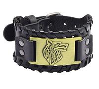 AZYOUNG Men's Black Brown PU Leather Cuff Bracelet Alloy Wolf Head Accessory Wide Leather Bangle Band,Black Green