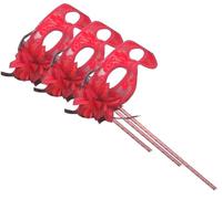 AZYOUNG Women’s 3pcs Black Red White Lace Veil Translucent Half Face Masquerade Mask on Stick with Side Feather Flower (Red)