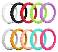 AZYOUNG Womens 3mm Wide Twist Silicone Wedding Ring 10pcs Pack Red Purple Blue Stackable Rubber Bands -US Size 4 - 10, Silicone, No Gemstone