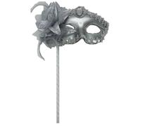 AZYOUNG Women's Black Silver Gold Painting Half Face Crown Masquerade Mask on Stick with Side Feather Flower