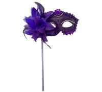 AZYOUNG Women's Black Silver Gold Painting Half Face Crown Masquerade Mask on Stick with Side Feather Flower