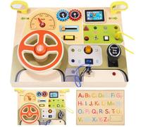 Azyvum Busy Board Montessori Toy with Simulated Steering Wheel and LED Light Switches, Activity Board, Motor Skills Board, Wooden Switch Board for Toddlers 1-3 Years