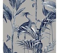 Azzurra Wallpaper Wood Tropical Metallic Leaf Navy Silver