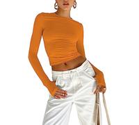 B 01 Womens Crop Tops Long Sleeve Skin Tight Fitting Crew Neck T-Shirt Stretch Slim Fit Basic Y2K Aesthetic Going Out Top (Thumb Hole Orange, S)