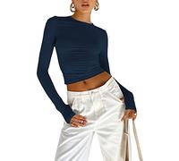 B 01 Womens Long Sleeve Skin Tight Fitting Crew Neck T-Shirt Stretch Slim Fit Basic Tops Y2K Aesthetic Going Out Tops (Thumb Hole Blue, S)