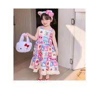 (B, 120weight 17.5-20kg) Sanrio Girl Dress Kuromi Kawaii kids Princess Dress Bow Summer Cartoon Anime Suspender Dress Floral Print Mid Length Skirt New