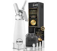 B-ARS White Whipped Cream Dispenser 500ML with Plastic and Steel Nozzles Includes Cleaning Brush Carry Bag and Ebook for Sweet and Savoury Mousses Sauces Foams Perfect for Home and Dessert Lovers