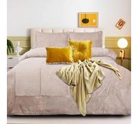 B&B Bedspread Double Bed Throw Luxury Warm Plush Fluffy Quilt Bed Blanket Bed Throws Bedspread Set 3 Pieces with 2 Soft Pillow Shams Complete Bedding Set For All Season Use - Beige