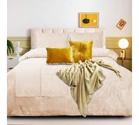 B&B Bedspread Double Bed Throw Luxury Warm Plush Fluffy Quilt Bed Blanket Bed Throws Bedspread Set 3 Pieces with 2 Soft Pillow Shams Complete Bedding Set For All Season Use - Ecru