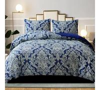 B&B Duvet Cover Set Super King Size, 100% Rich Cotton Comforter Cover Bedding Sets - Soft, Thick Anti-Allergy Printed Quilt Covers with 2 Pillow Shams (Damask Blue)